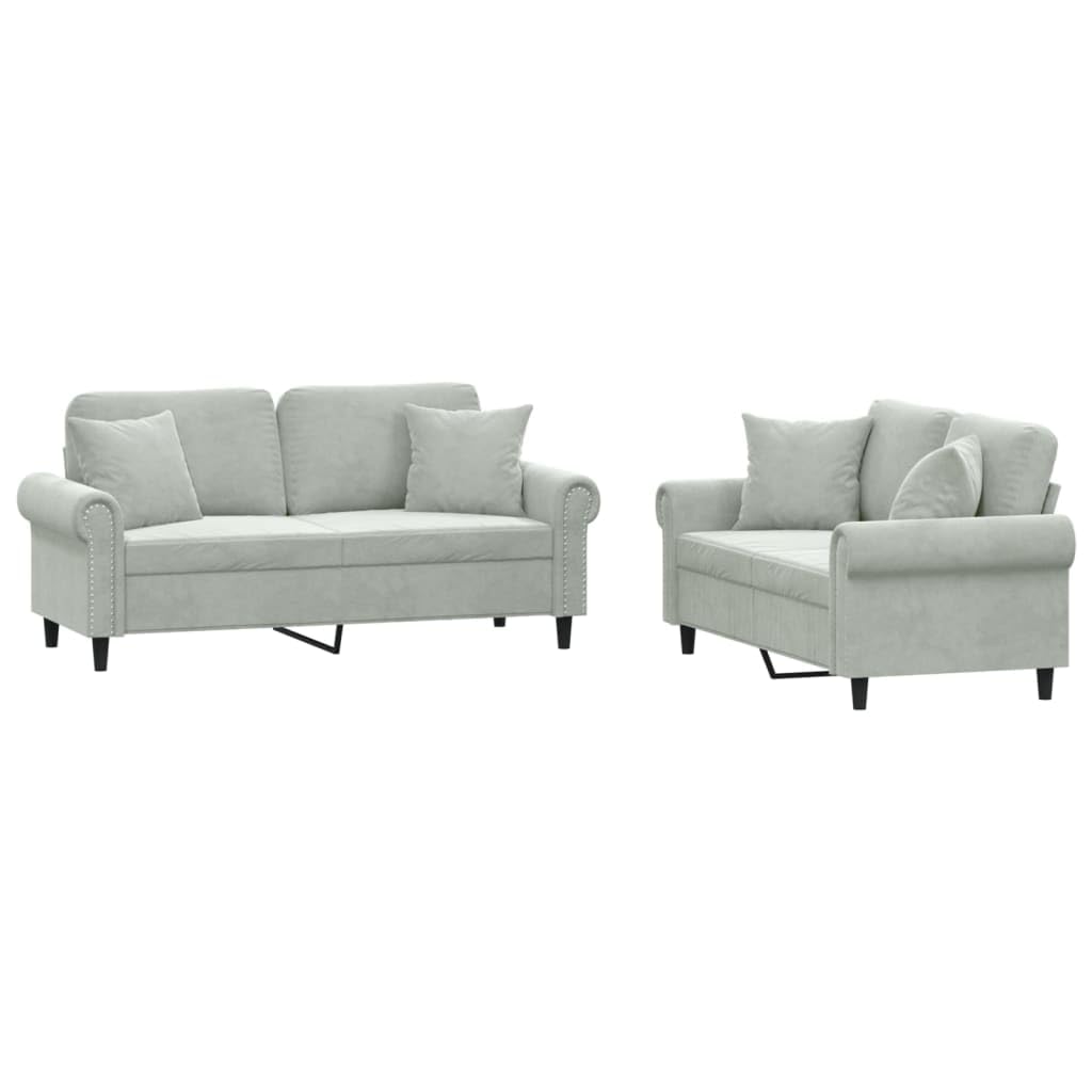 Light Gray Velvet 2 Piece Sofa Set with Throw Pillows M101