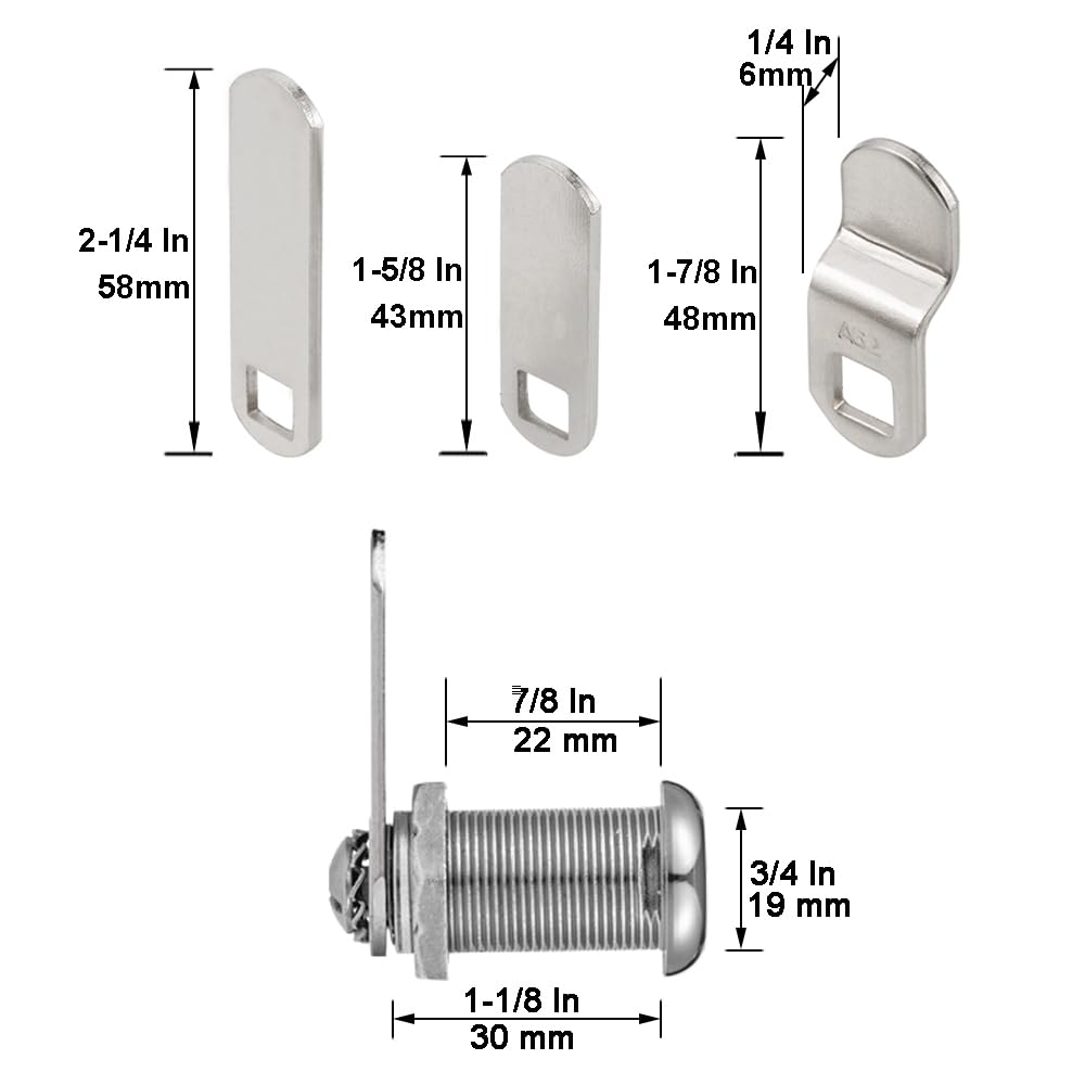 Keyed Alike 1-1/8” Cylinder Cam Locks Chrome Finish with 3 Cams and 2 Keys Z4623