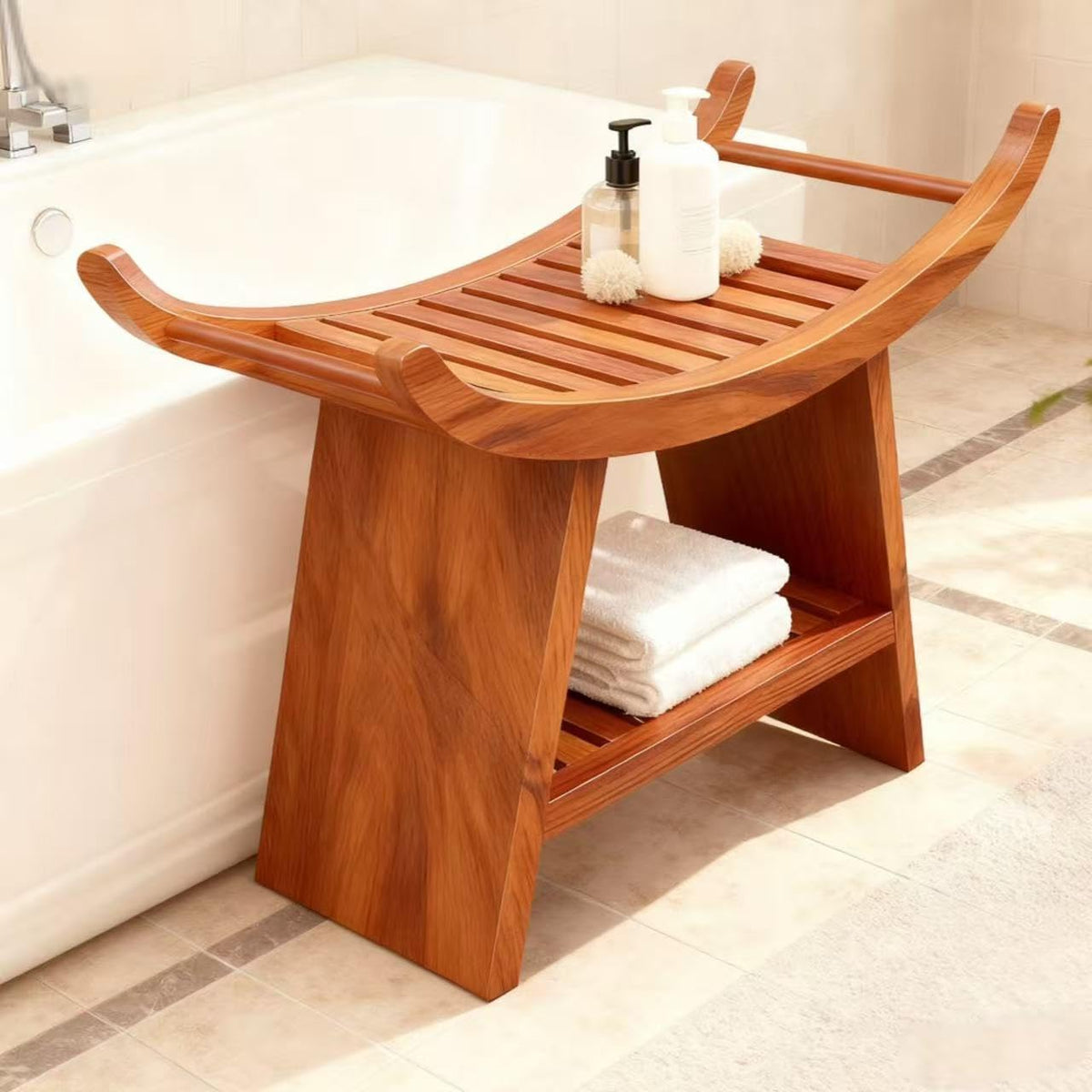 Teak Shower Bench with Storage Shelf V773400