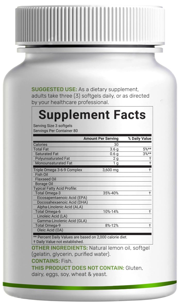 Omega 3-6-9 Fish Oil 3,600mg 240 Softgels Lemon Flavored C95240