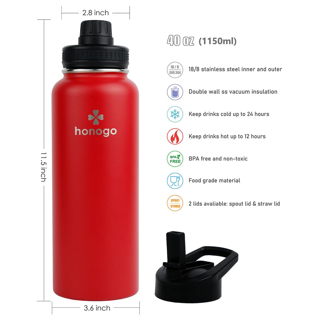 40 oz Double Wall Insulated Stainless Steel Water Bottle with Straw Lid W4707