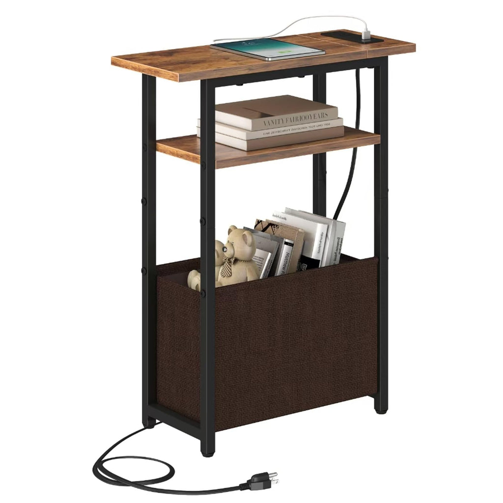 Narrow Side Table with Charging Station, 3 Tier End Table with Storage Basket A9498