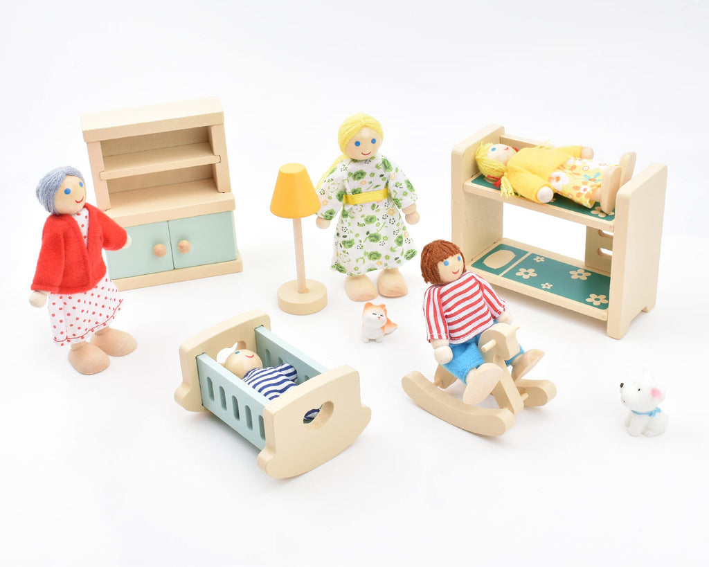 Wooden Dollhouse Dolls Family Set of 8 Miniature Figures and 2 Pets C995
