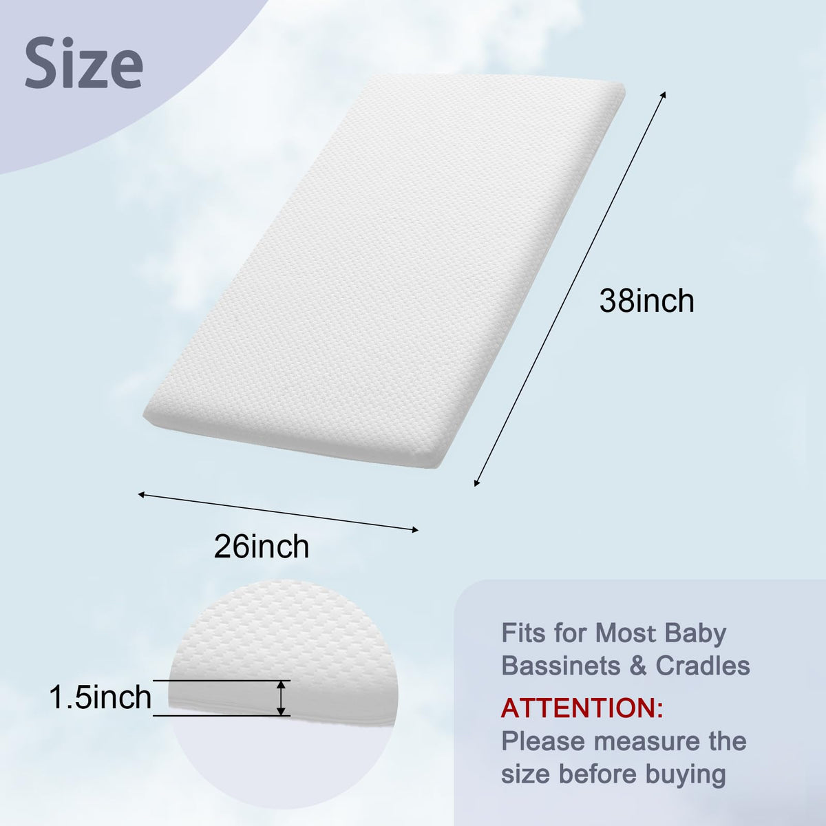 Baby Bassinet Mattress 38 x 26 Inch Gel Memory Foam F163906