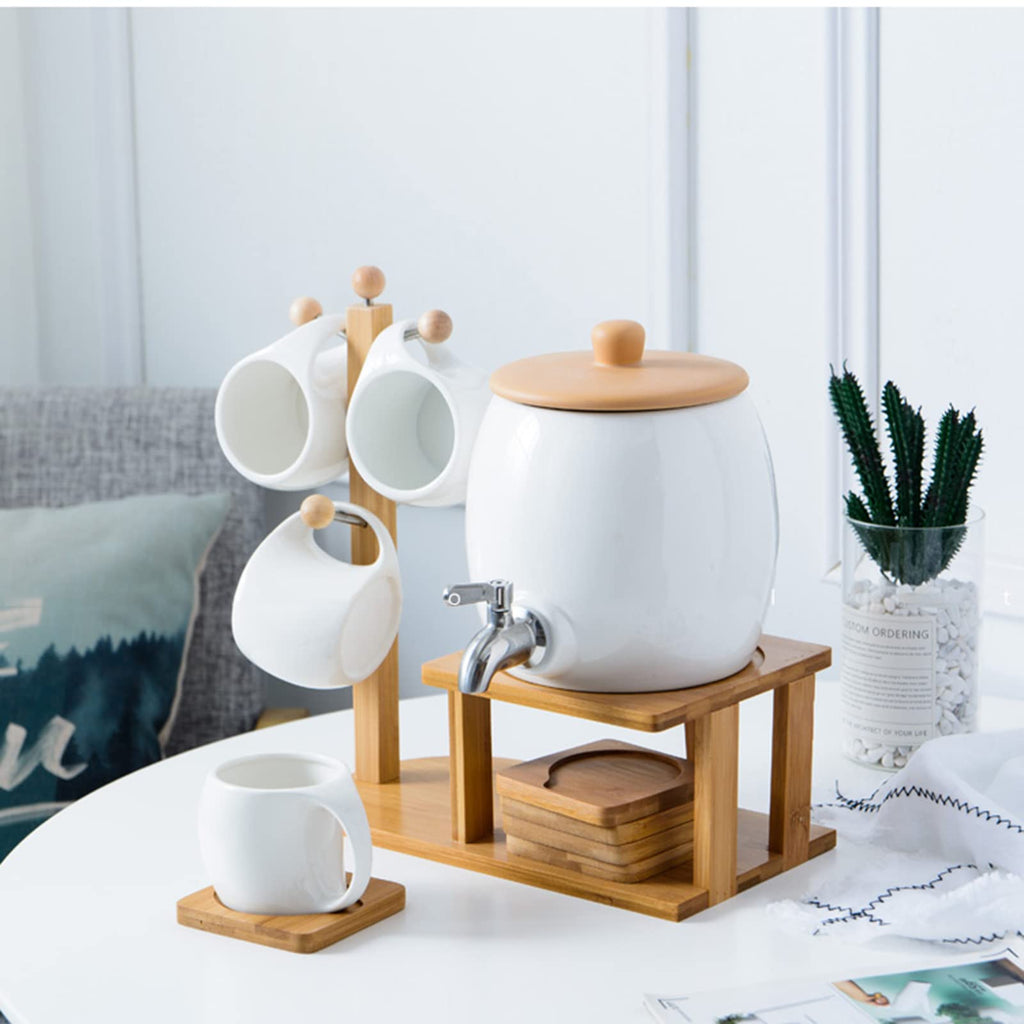 Porcelain Ceramic Crock Water Dispenser with 4 Mugs O423