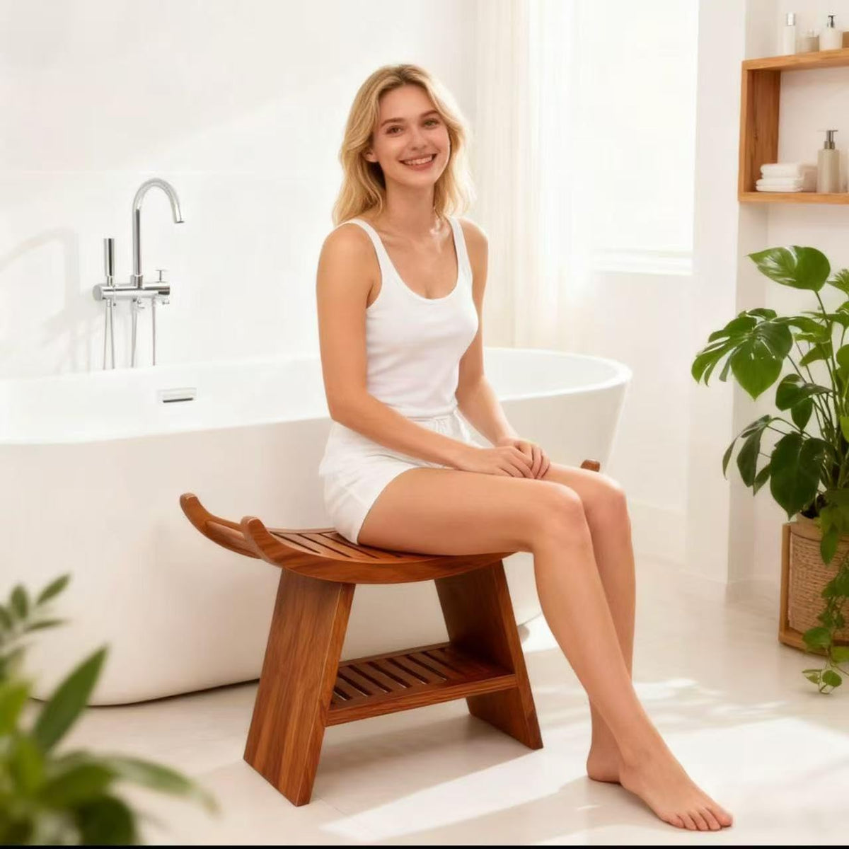 Teak Shower Bench with Storage Shelf V773400