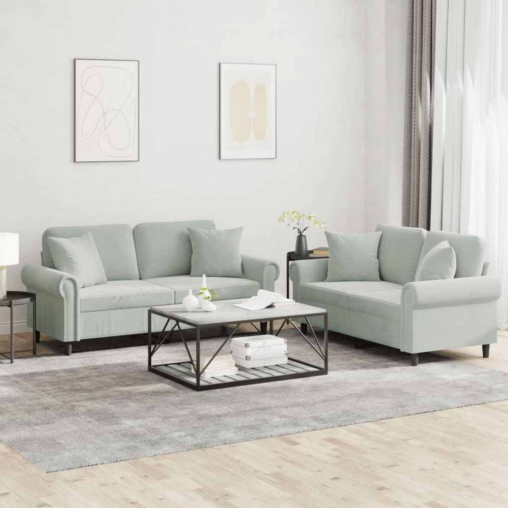 Light Gray Velvet 2 Piece Sofa Set with Throw Pillows M101