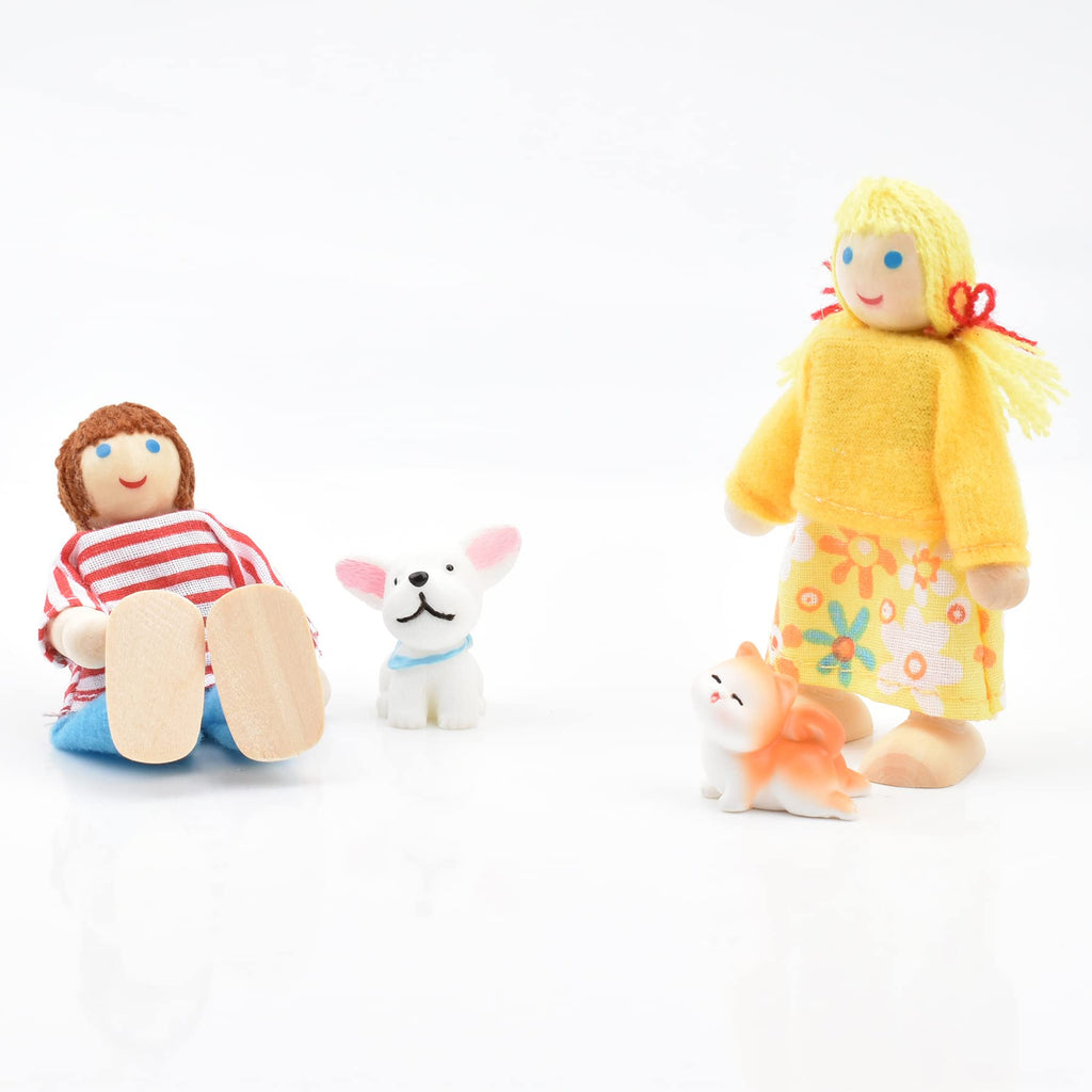 Wooden Dollhouse Dolls Family Set of 8 Miniature Figures and 2 Pets C995