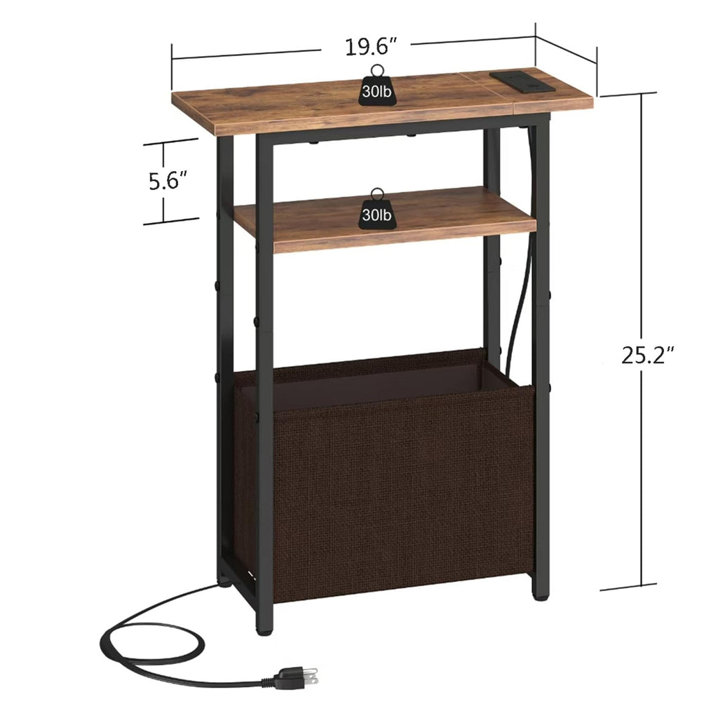 Narrow Side Table with Charging Station, 3 Tier End Table with Storage Basket A9498
