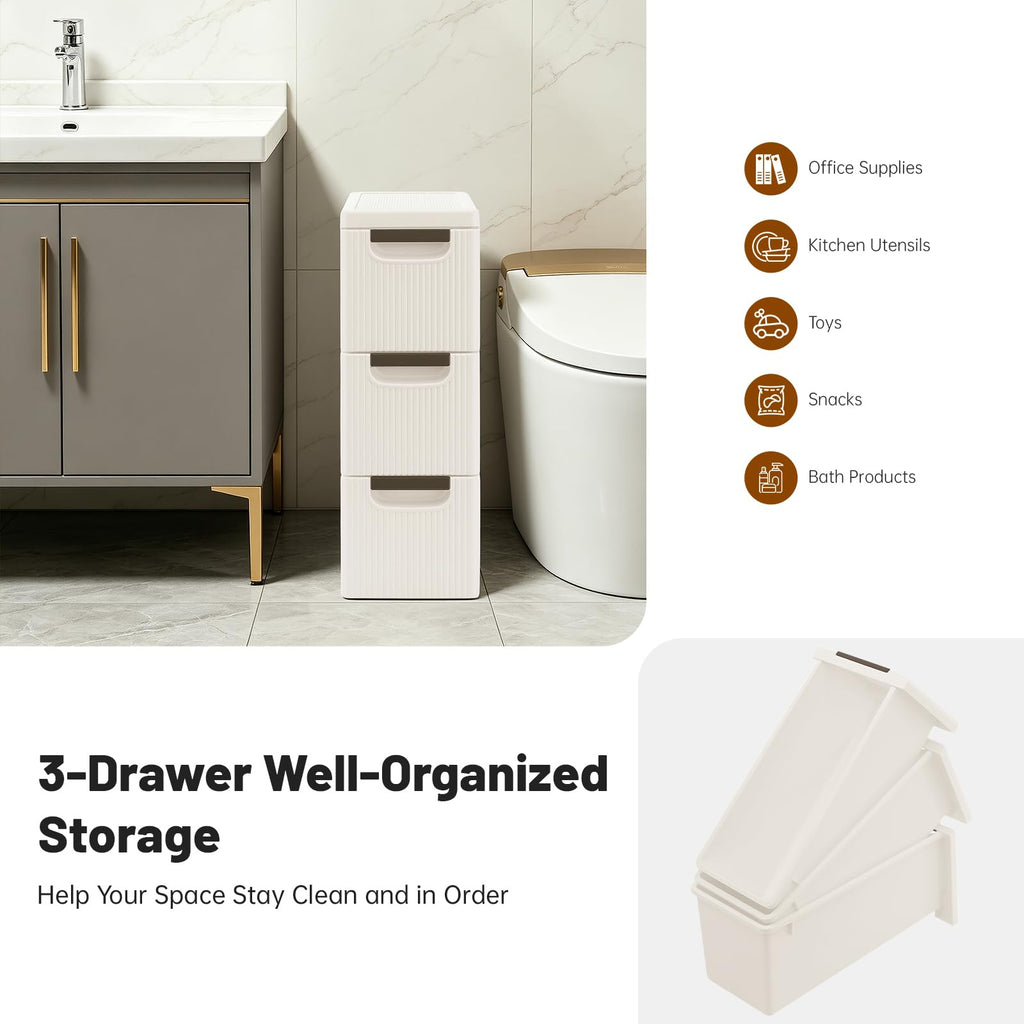 3 Drawers Narrow Plastic Storage Cabinet on Wheels O29684