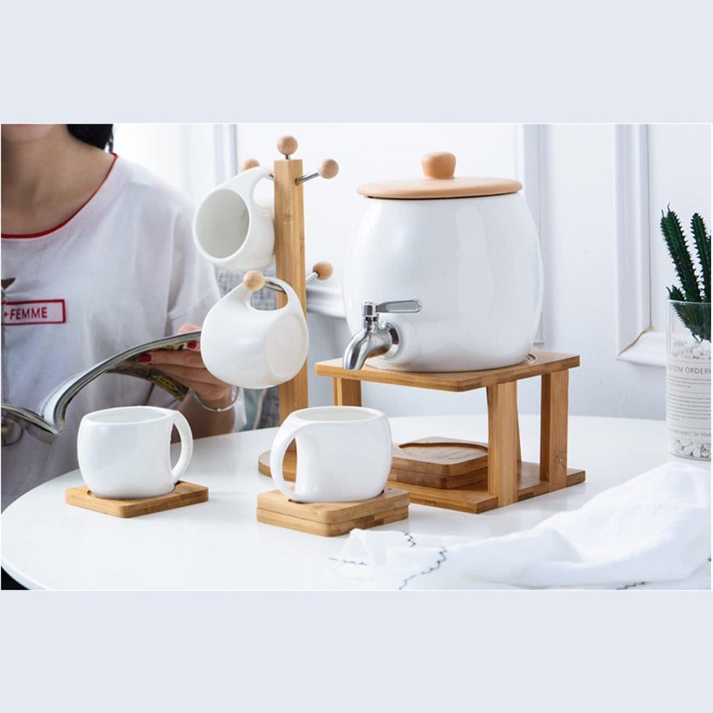 Porcelain Ceramic Crock Water Dispenser with 4 Mugs O423