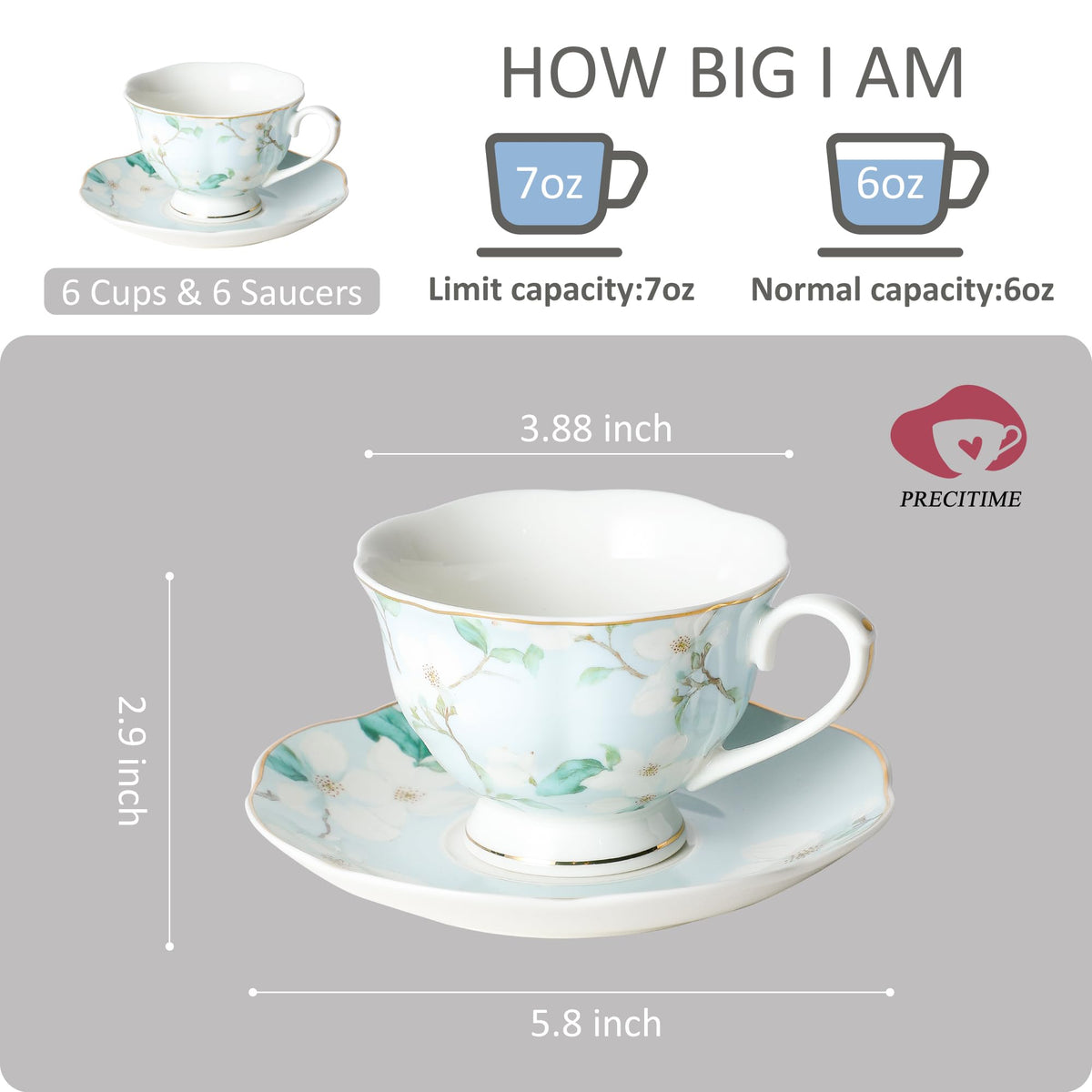 6oz Porcelain Tea Cup & Saucer Set of 6 L2069