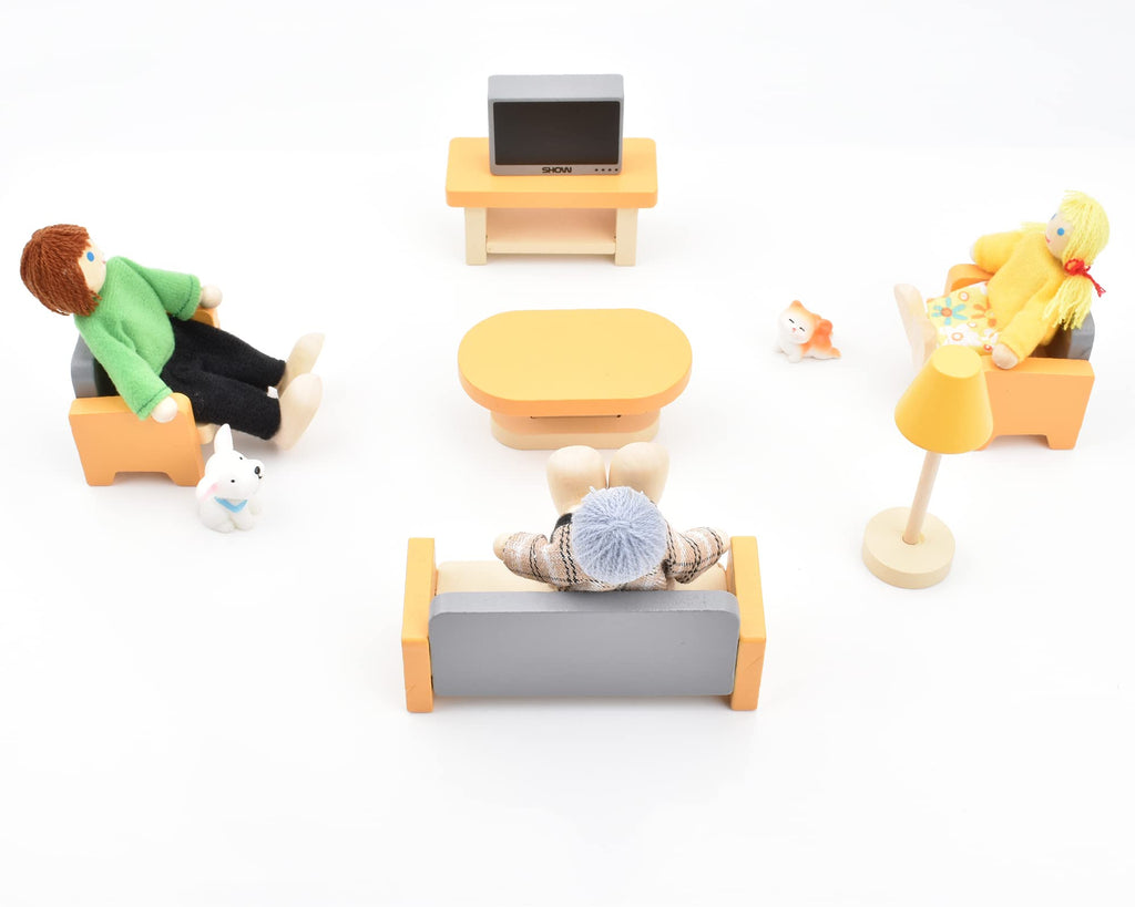 Wooden Dollhouse Dolls Family Set of 8 Miniature Figures and 2 Pets C995