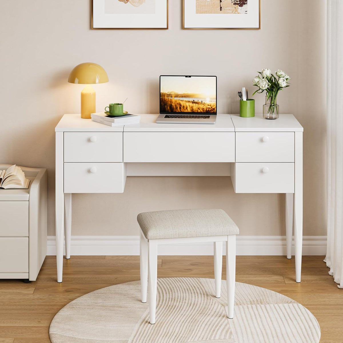 White Makeup Vanity Desk with Flip Top Mirror and Chair J94512