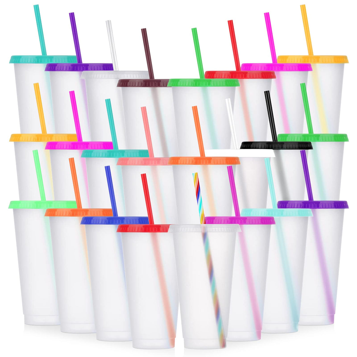 24 Pack Clear Plastic Tumblers with Lids and Straws B815563