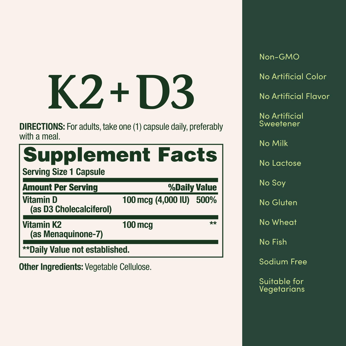 Vitamin D3 K2 Supplement 4000 IU 100 mcg 30 Vegetarian Capsules P404
