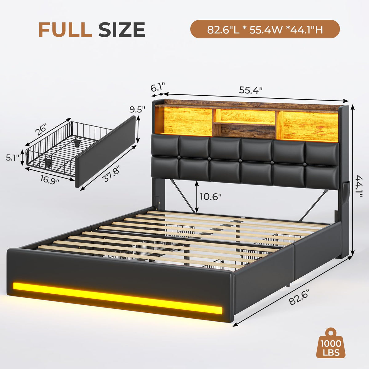 Black Full Size Upholstered Platform Bed Frame with Bookcase Headboard and 4 Drawers C576503