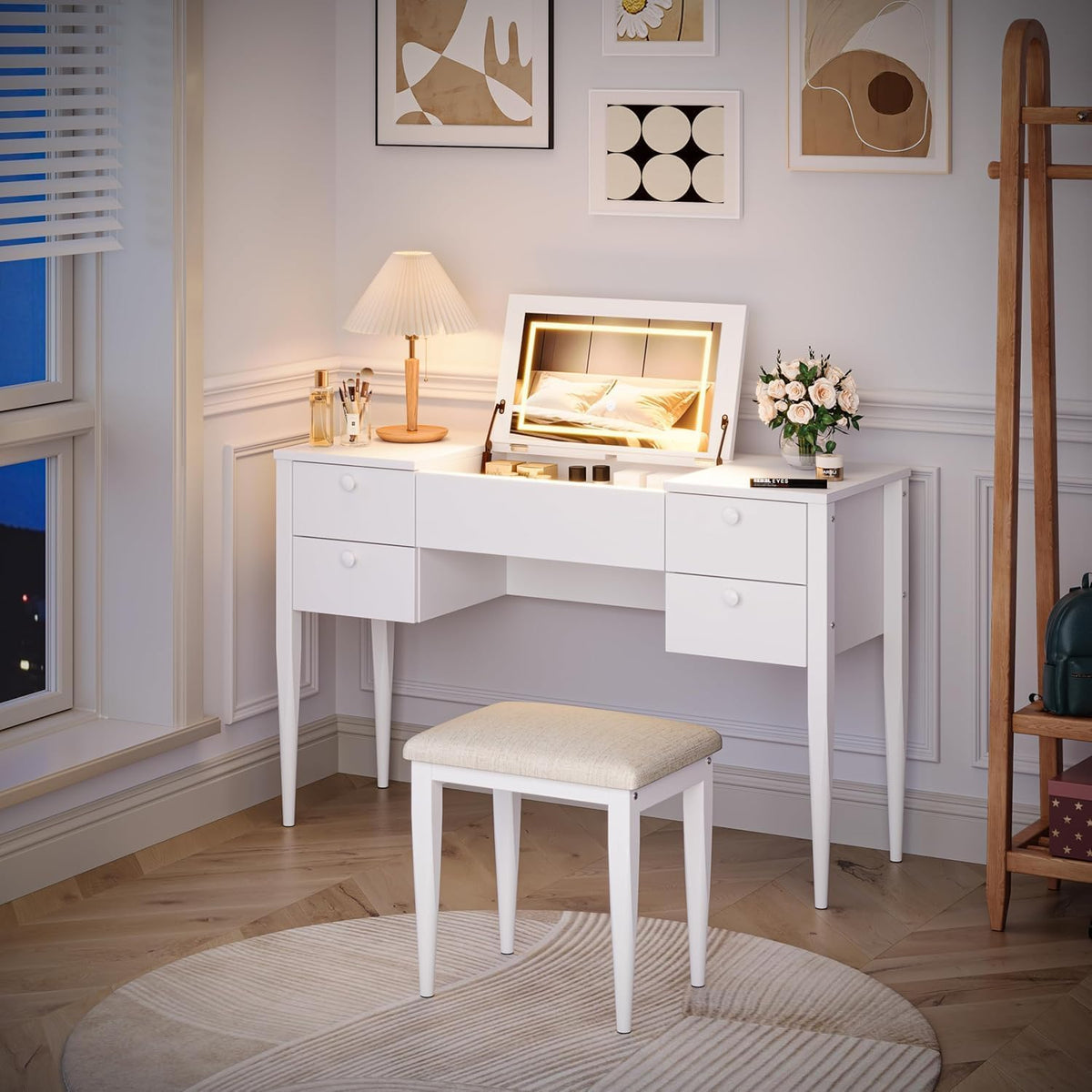 White Makeup Vanity Desk with Flip Top Mirror and Chair J94512
