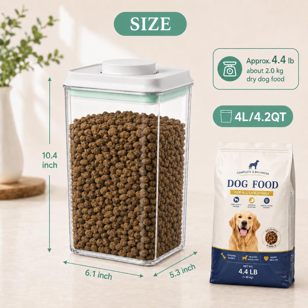 Airtight Pet Food Storage Container 4.2Qt with Lid and Scoop D641