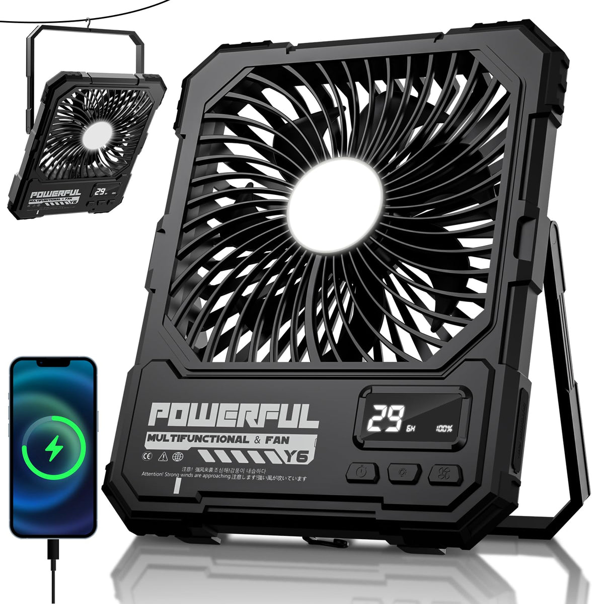 20000mAh Rechargeable Battery Powered Fan with LED Light D6916