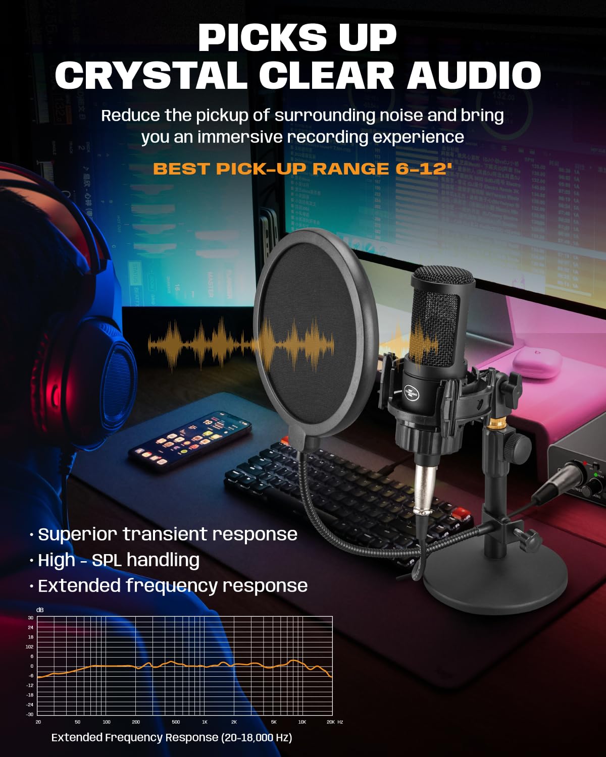 XLR Condenser Microphone with 26mm Large Diaphragm Cardioid Recording Studio Mic Kit R902160