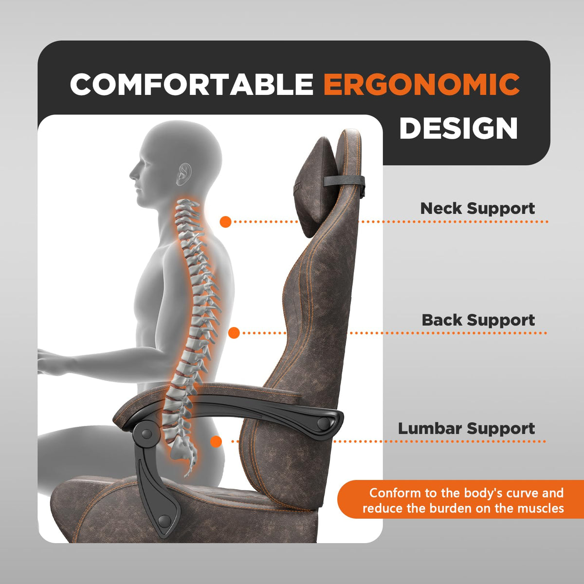 Brown PU Leather Ergonomic Reclining Gaming Chair with Massage Lumbar Support and Footrest B585