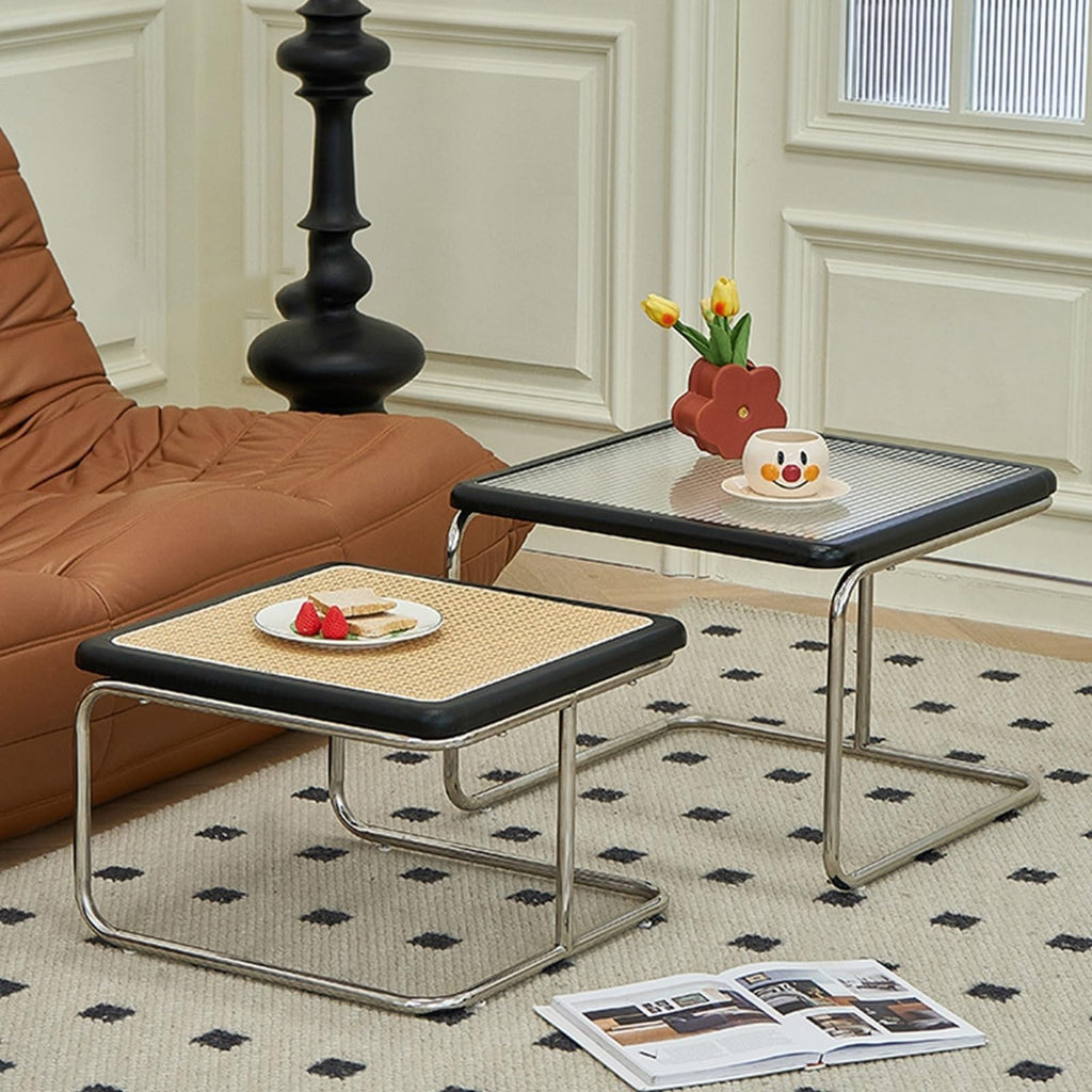 Mid Century Modern Coffee Table Set of 2 Square Metal Base B59059