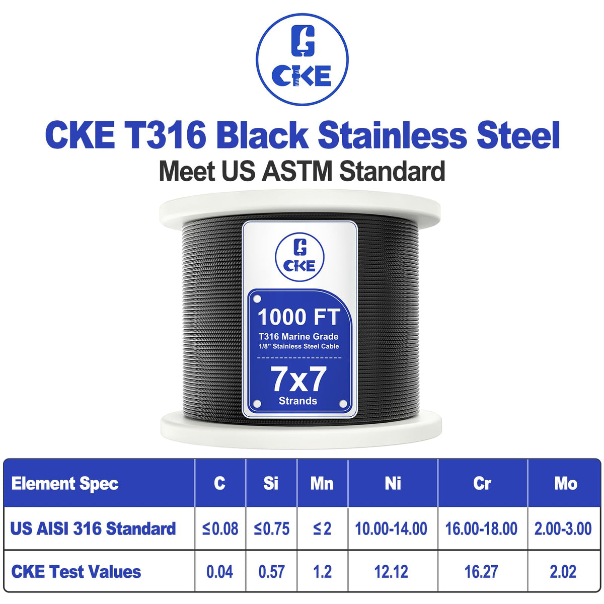 1000FT 1/8" Black T316 Stainless Steel Cable N20962