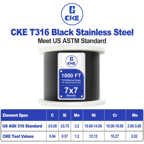 1000FT 1/8" Black T316 Stainless Steel Cable N20962