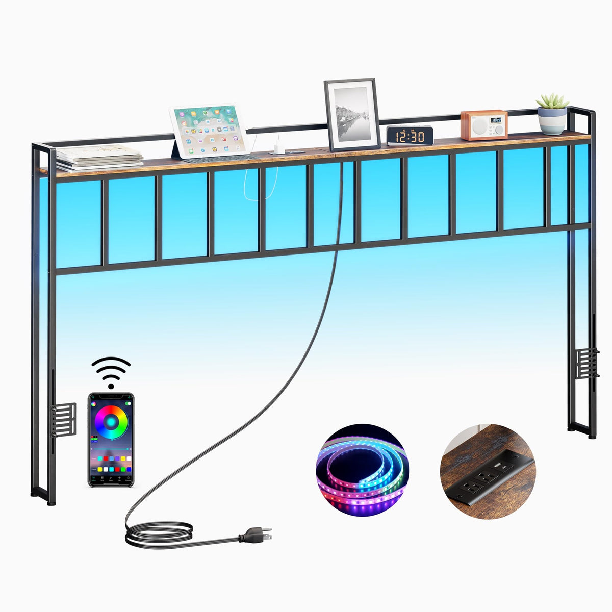 King Size Headboard with LED Light, Outlets and USB Ports, Storage Rack, Rustic Brown B6498