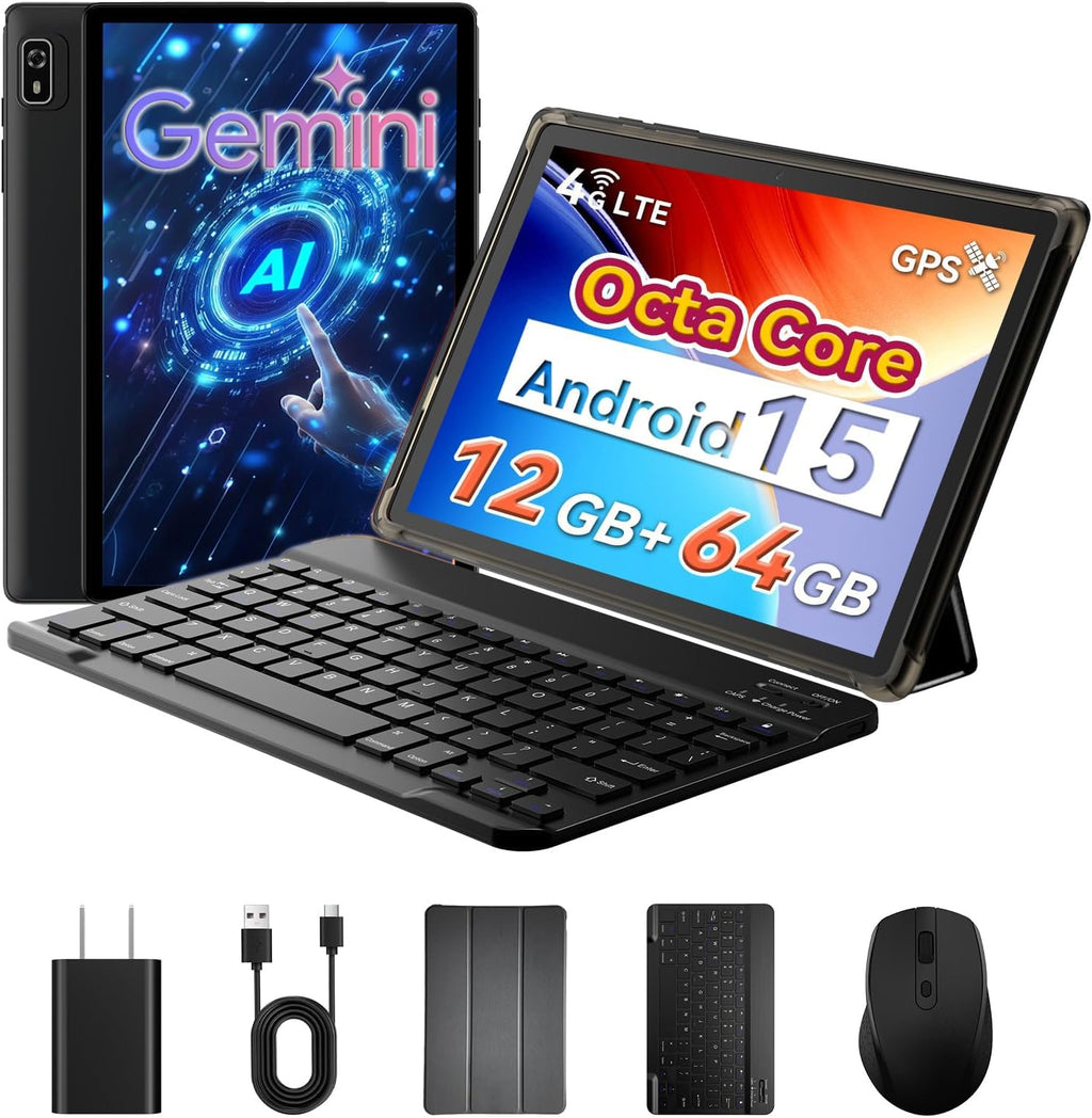 10 inch 2-in-1 Android 15 Tablet with Keyboard, Mouse, and Case, 4G LTE, 12GB RAM + 64GB ROM, Octa-Core, IPS Display, 5G Wi-Fi, GPS, Bluetooth W890177