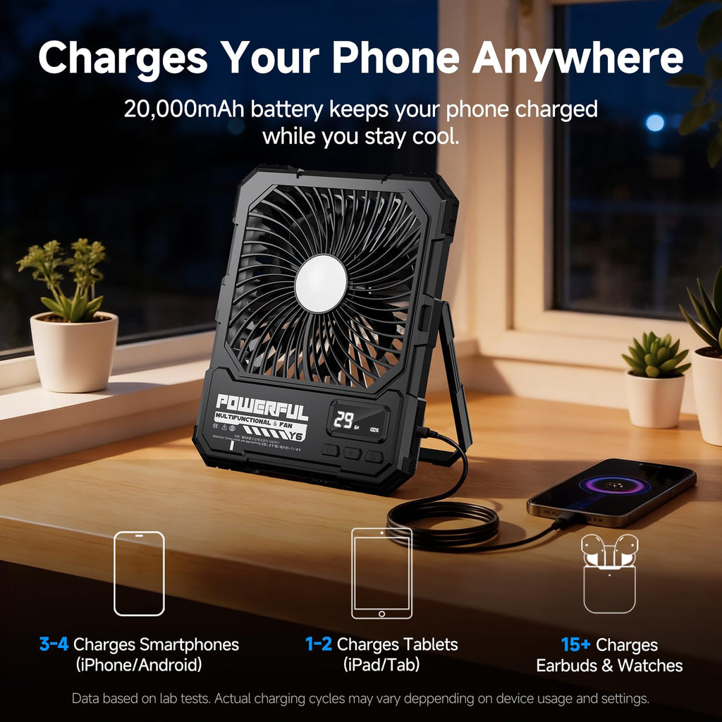 20000mAh Rechargeable Battery Powered Fan with LED Light D6916