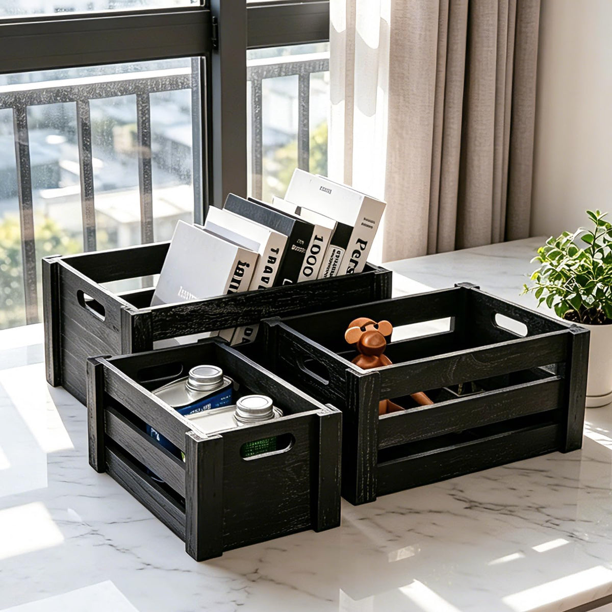 Set of 3 Nesting Wooden Crates with Handles H499904