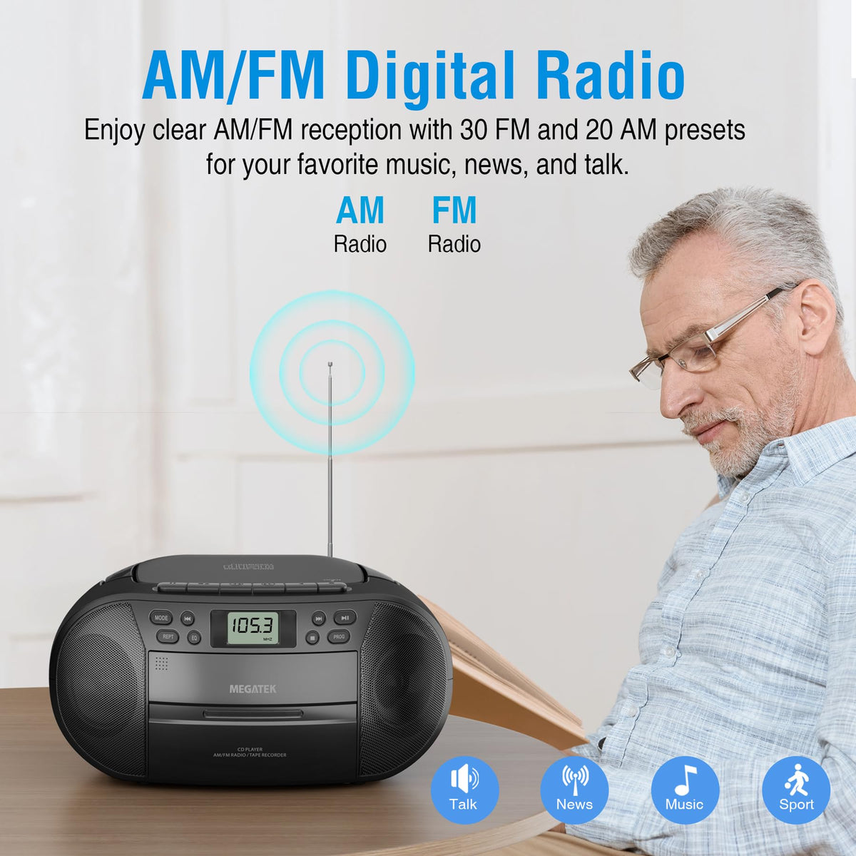 Portable CD Cassette Player Boombox with Bluetooth AM/FM Radio L321