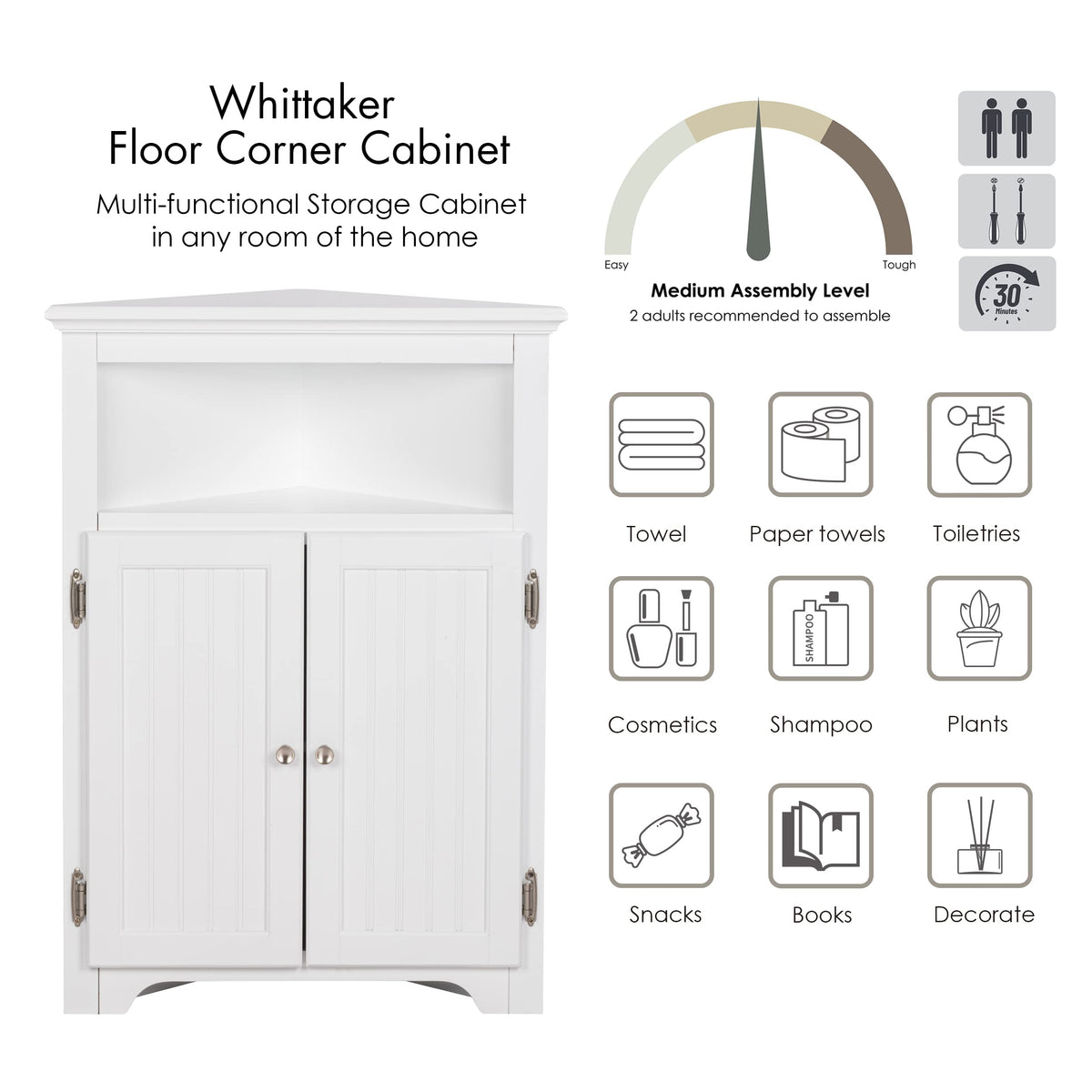 White Corner Bathroom Cabinet with Doors and Adjustable Shelf Y51843