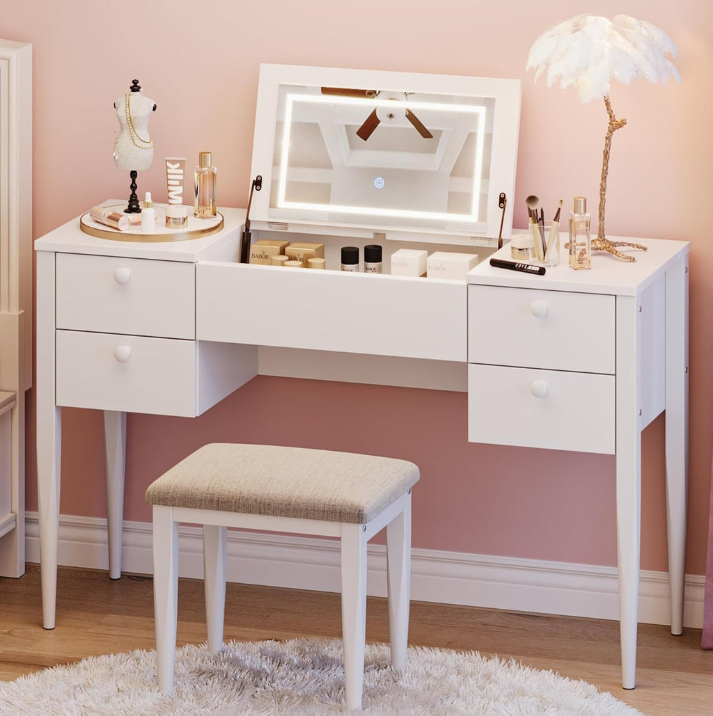 White Makeup Vanity Desk with Flip Top Mirror and Chair J94512