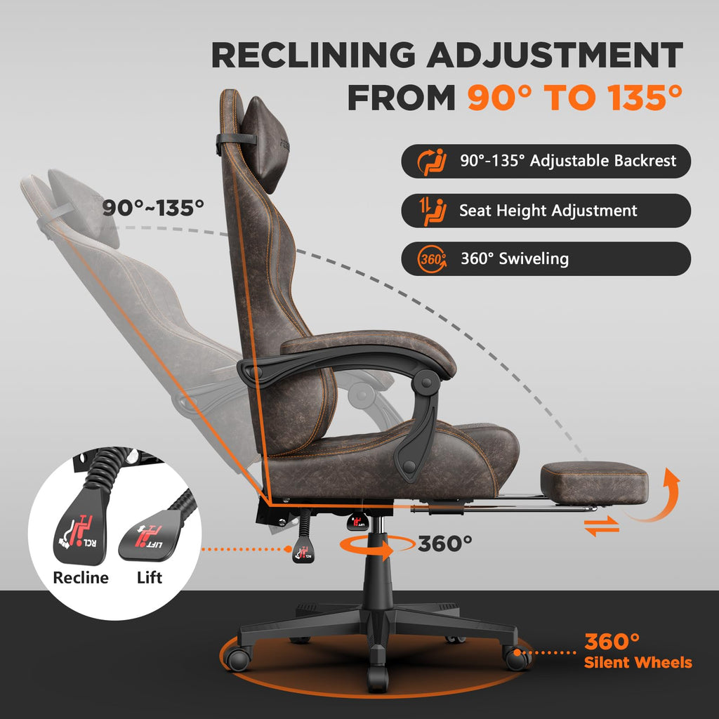 Brown PU Leather Ergonomic Reclining Gaming Chair with Massage Lumbar Support and Footrest B585