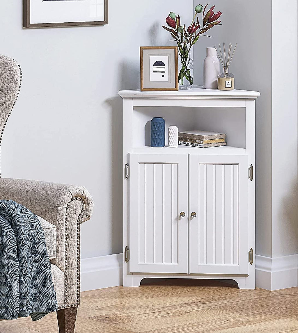 White Corner Bathroom Cabinet with Doors and Adjustable Shelf Y51843
