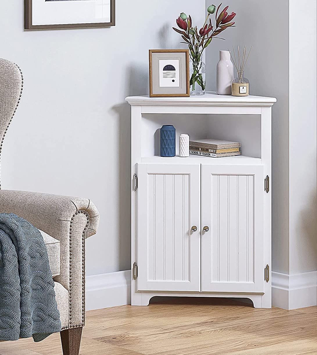 White Corner Bathroom Cabinet with Doors and Adjustable Shelf Y51843