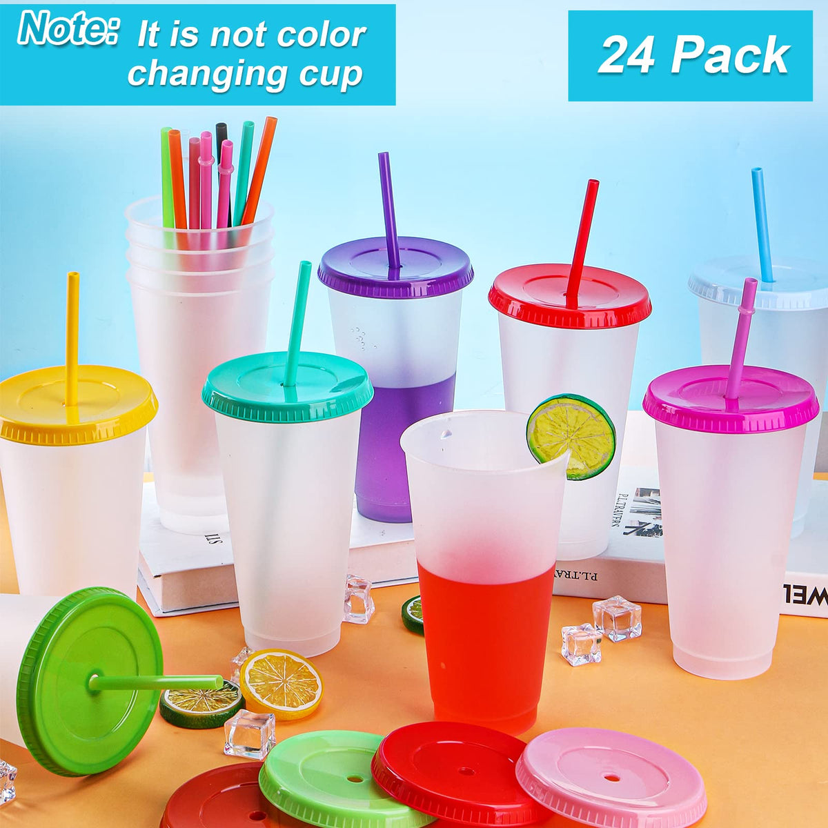 24 Pack Clear Plastic Tumblers with Lids and Straws B815563