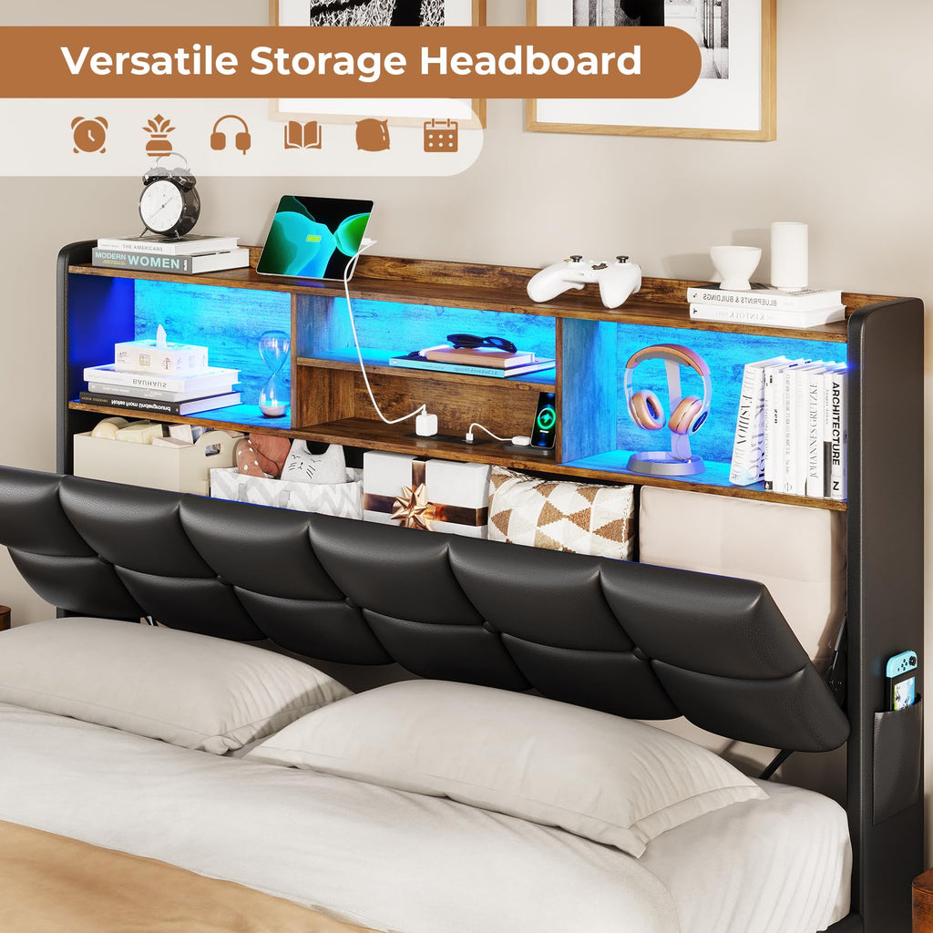 Black Full Size Upholstered Platform Bed Frame with Bookcase Headboard and 4 Drawers C576503
