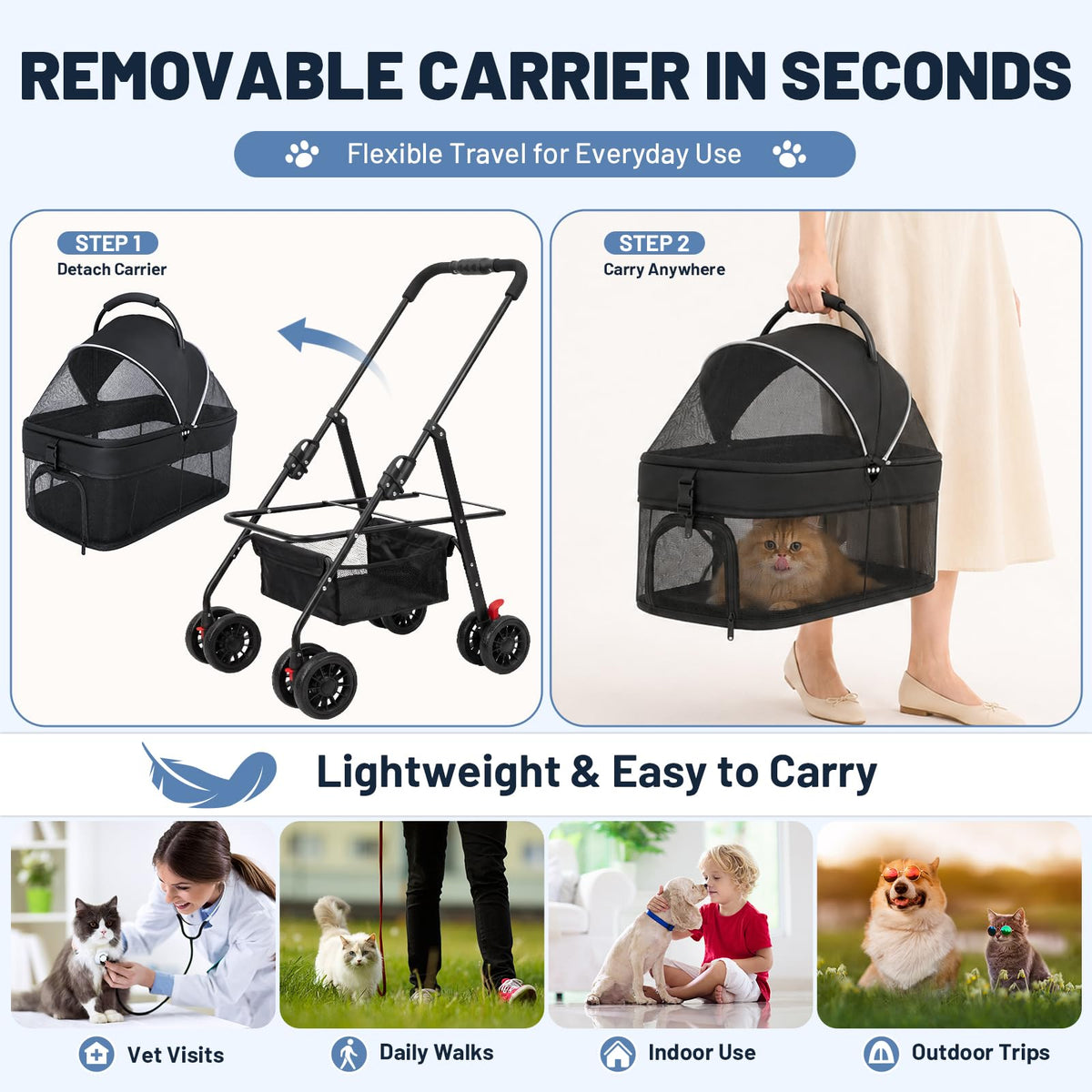 Foldable Pet Stroller with Detachable Carrier O9144