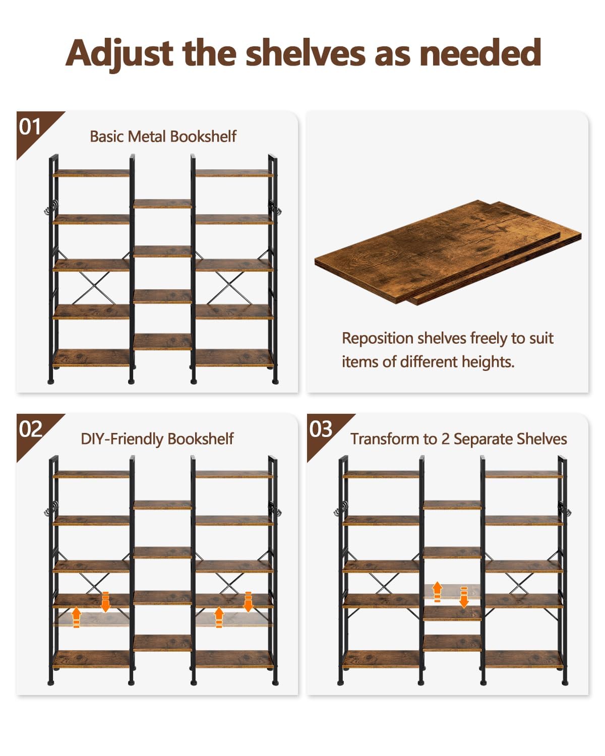 5 Tier Wide Bookshelf with 6 Hooks M588