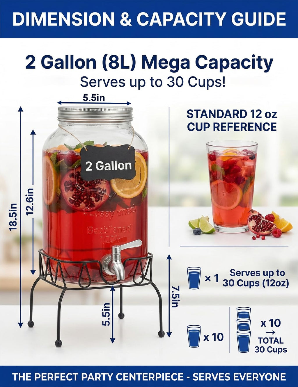 2 Gallon Glass Drink Dispenser with Stand and Lid L2258