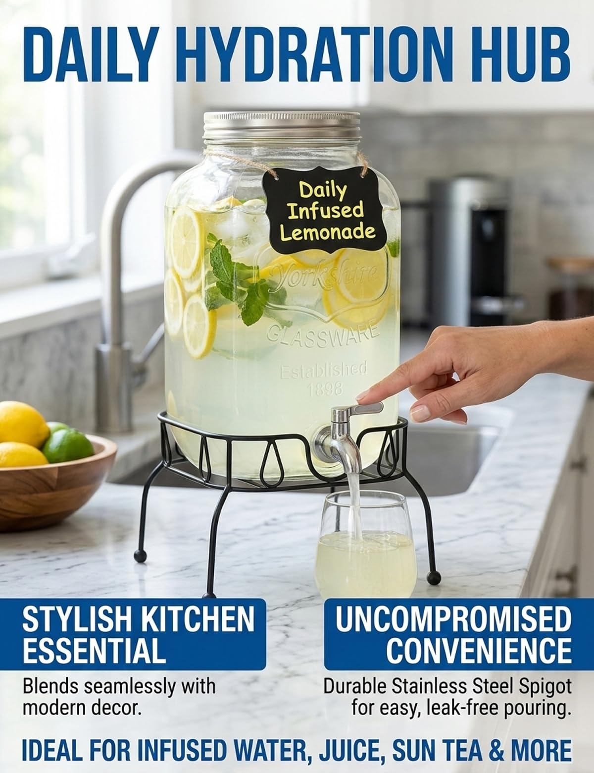 2 Gallon Glass Drink Dispenser with Stand and Lid L2258