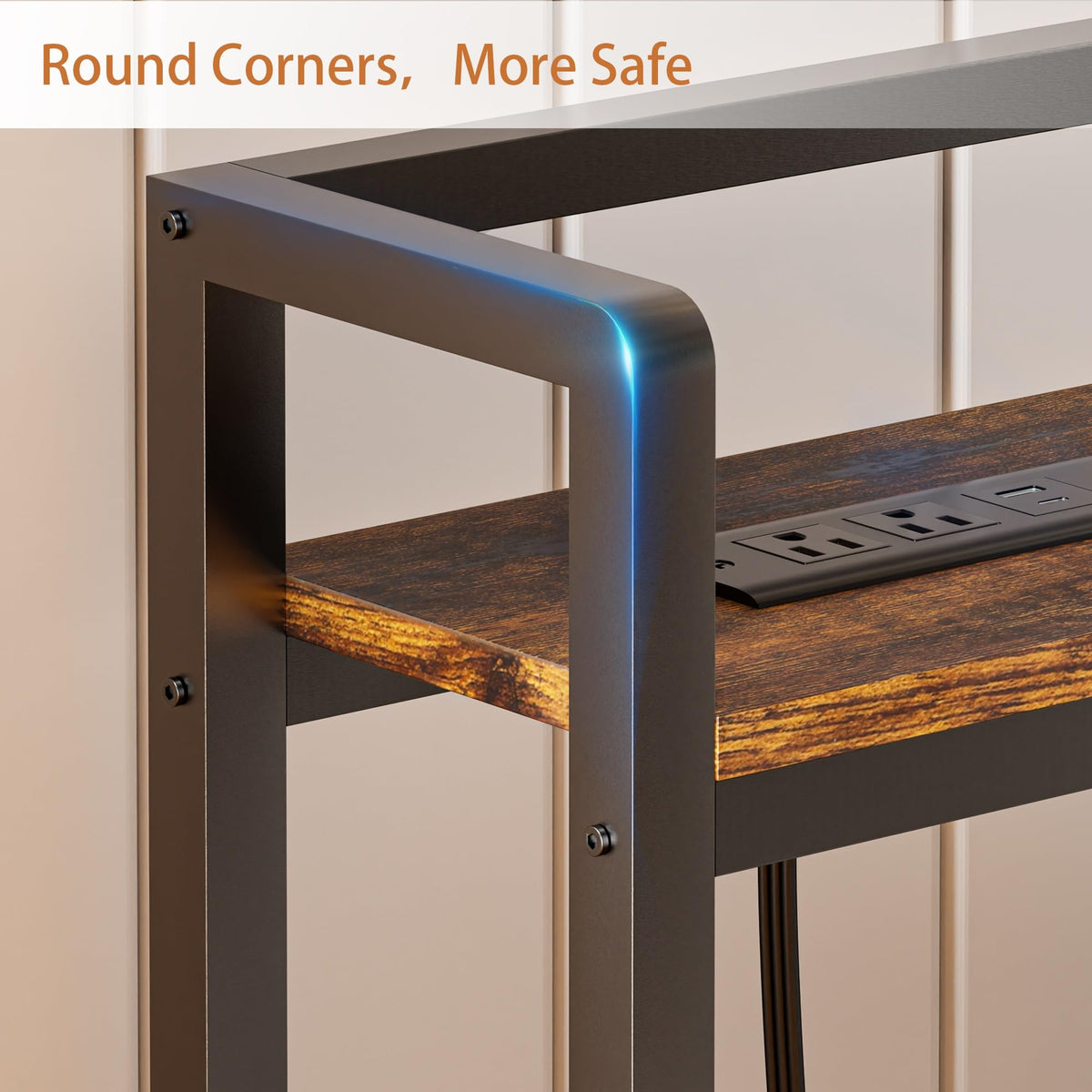 King Size Headboard with LED Light, Outlets and USB Ports, Storage Rack, Rustic Brown B6498