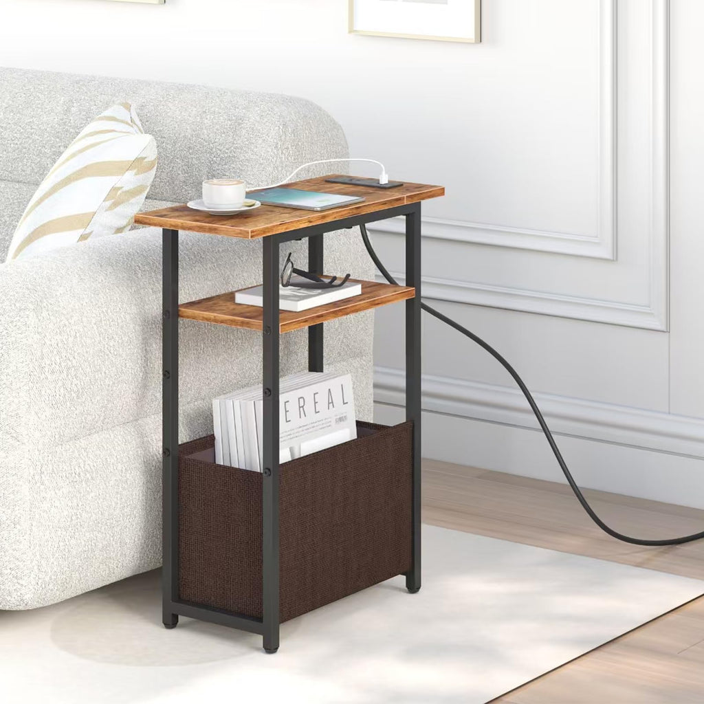 Narrow Side Table with Charging Station, 3 Tier End Table with Storage Basket A9498