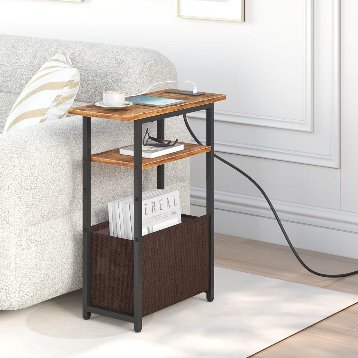 Narrow Side Table with Charging Station, 3 Tier End Table with Storage Basket A9498