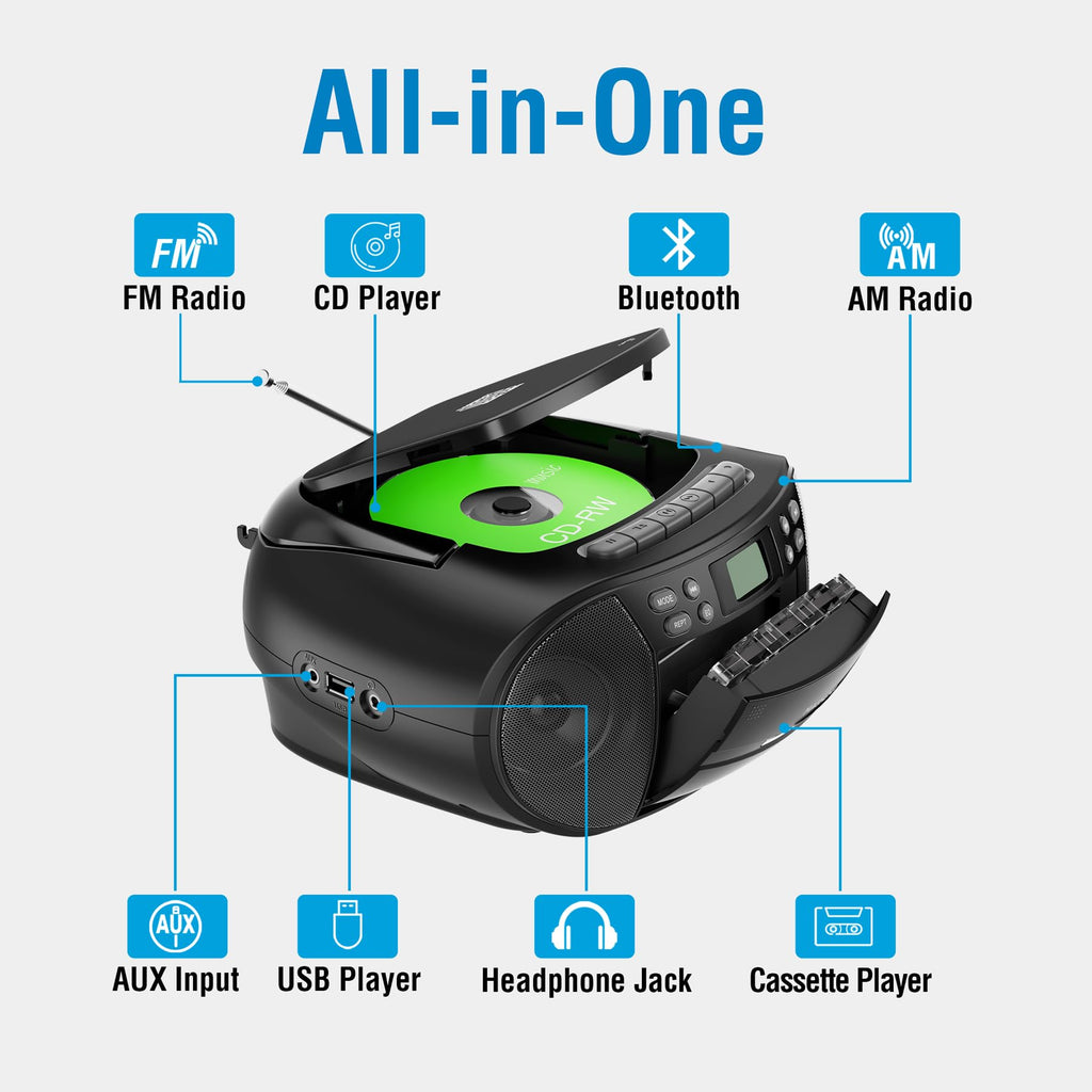 Portable CD Cassette Player Boombox with Bluetooth AM/FM Radio L321