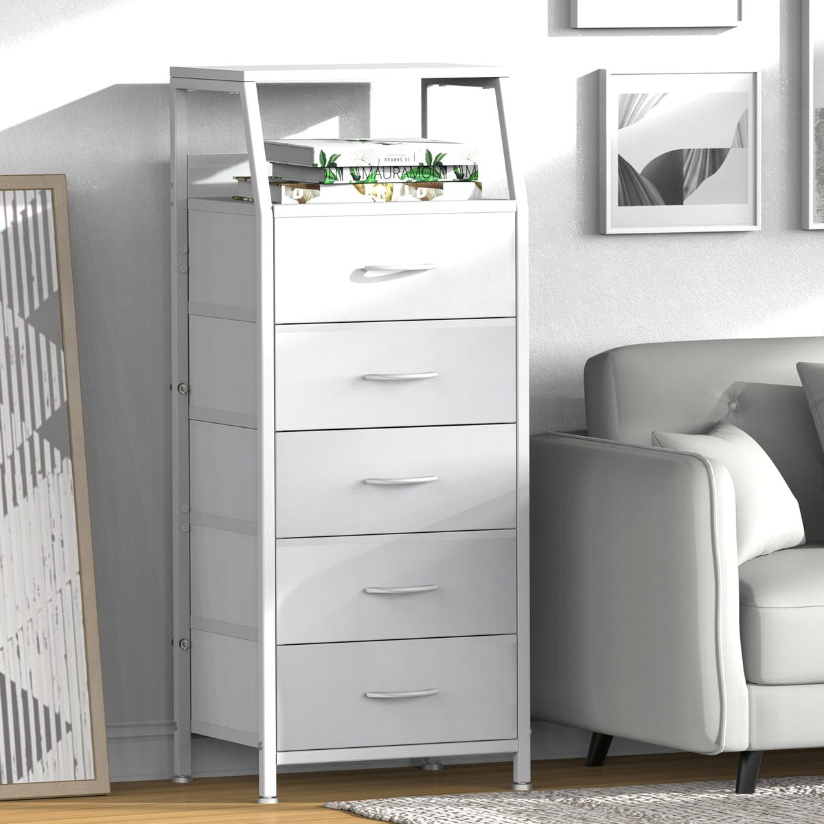 White 5 Drawer Fabric Dresser I386552